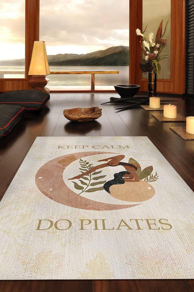 Sakin Ol Pilates Yap Pamuklu Dokuma Tabanlı Yıkanabilir Kaymaz Dekoratif Halı