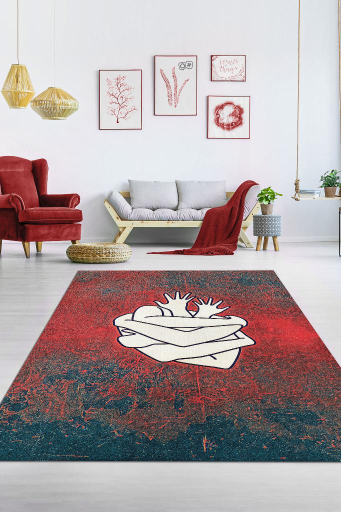 Sarılan Kalpler Çok Renkli Gölgeli Dekoratif Salon Halısı Seviliye Hediye Halı Kırmızı Halı