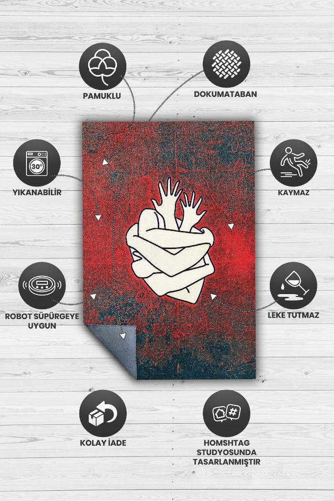 Sarılan Kalpler Çok Renkli Gölgeli Dekoratif Salon Halısı Seviliye Hediye Halı Kırmızı Halı