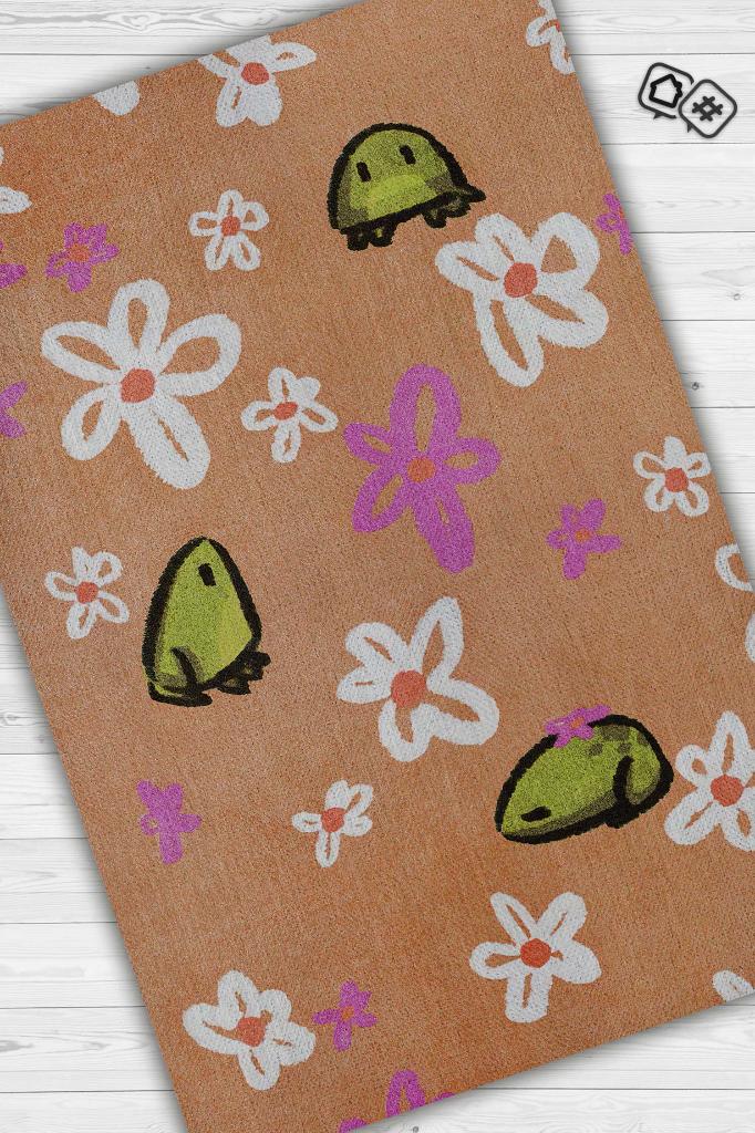 Şaşkın Kurbağa Bej Renkli Minimalist Mutfak Halısı Kurbağa Baskılı Özel Tasarım Halı
