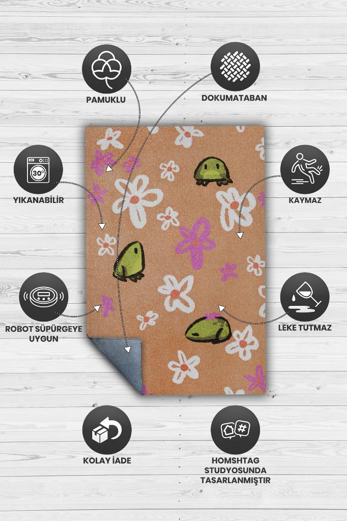 Şaşkın Kurbağa Bej Renkli Minimalist Mutfak Halısı Kurbağa Baskılı Özel Tasarım Halı