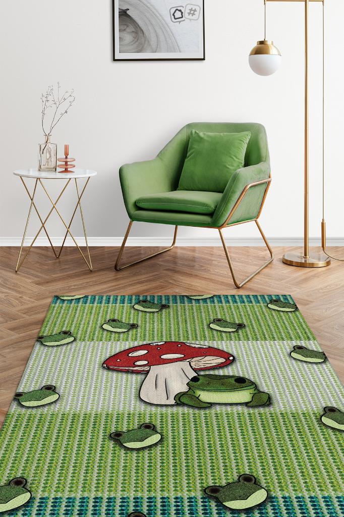 Şaşkın Kurbağa Yeşil Renkli Minimalist Mutfak Halısı Kurbağa Baskılı Özel Tasarım Halı