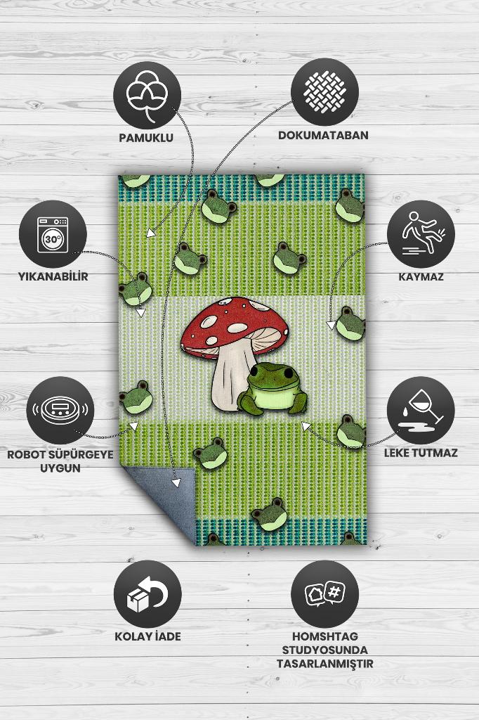 Şaşkın Kurbağa Yeşil Renkli Minimalist Mutfak Halısı Kurbağa Baskılı Özel Tasarım Halı