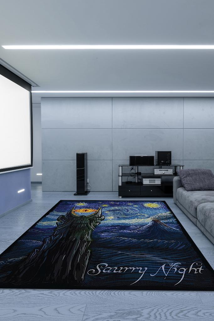 Saurry Night Film Desenli Mavi Siyah Renkli Yüzüklerin Efendisi Halısı Film Temalı Halı