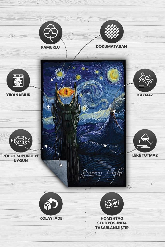 Saurry Night Film Desenli Mavi Siyah Renkli Yüzüklerin Efendisi Halısı Film Temalı Halı