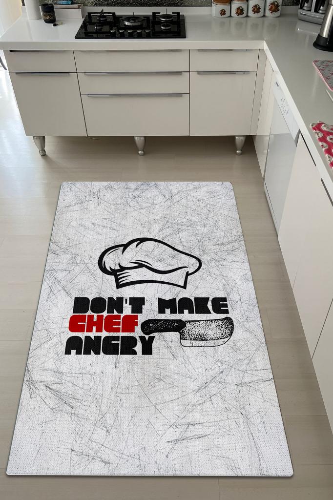 Şefi Kızdırma Beyaz Renkli Mutfak Halısı Mutfak Temalı Minimal Modern Mutfak Halısı