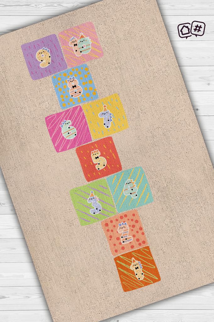 Seksek Bej Renkli Dokulu Çocuk Odası Halısı Dokuma Rustik Çocuk Halısı Sek sek Temalı Halı