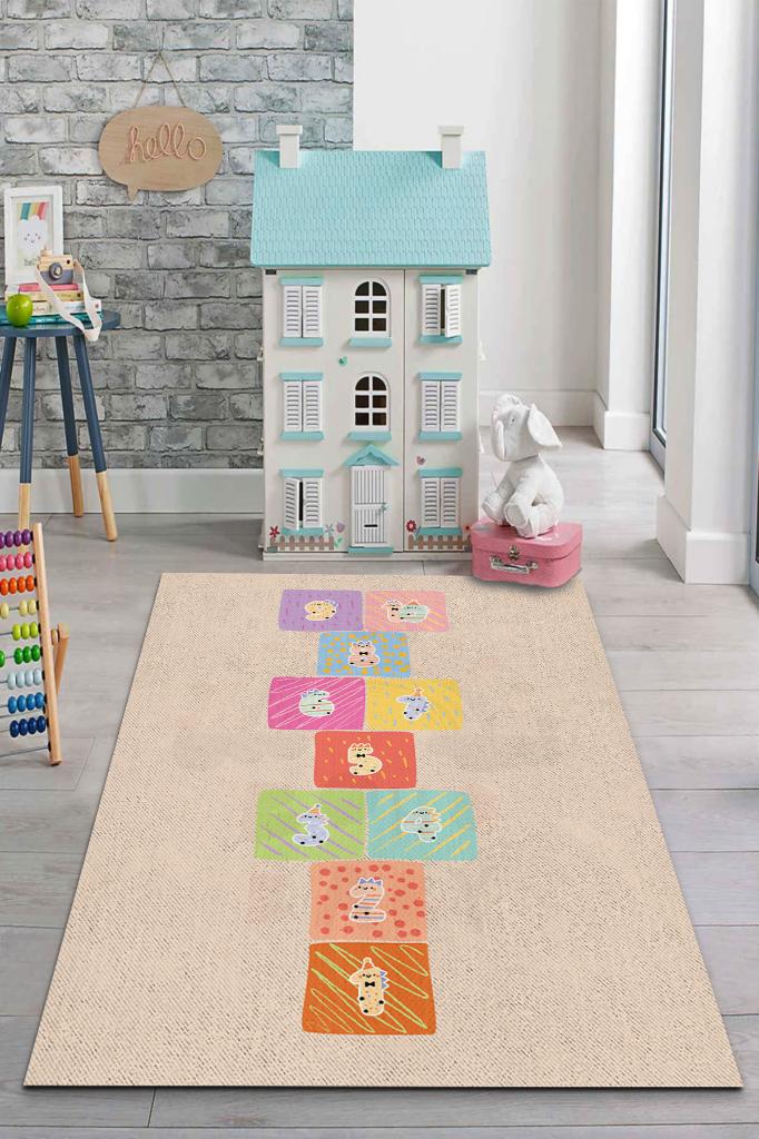 Seksek Bej Renkli Dokulu Çocuk Odası Halısı Dokuma Rustik Çocuk Halısı Sek sek Temalı Halı