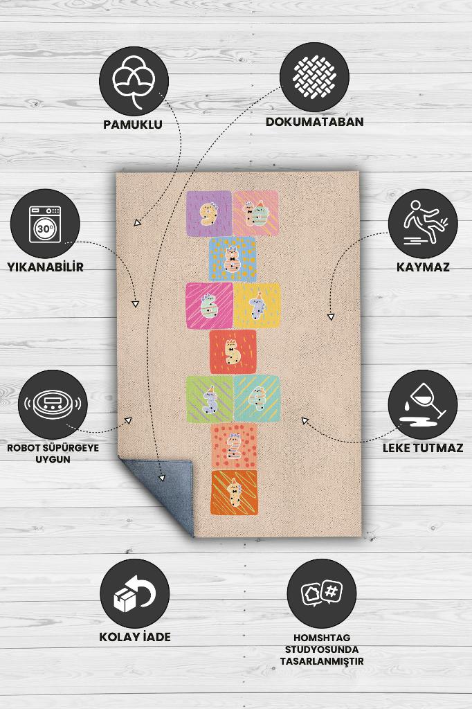 Seksek Bej Renkli Dokulu Çocuk Odası Halısı Dokuma Rustik Çocuk Halısı Sek sek Temalı Halı