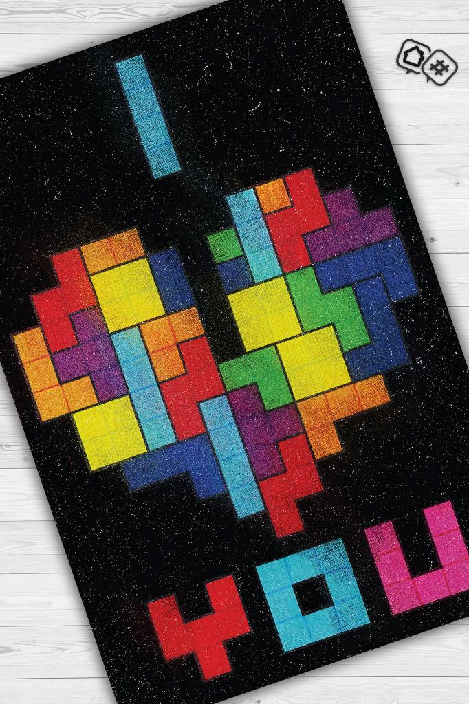 Seni Seviyorum Çok Renkli Oyuncu Halısı Zemini Siyah Renk Gamer Temalı Halı Tetris Halısı