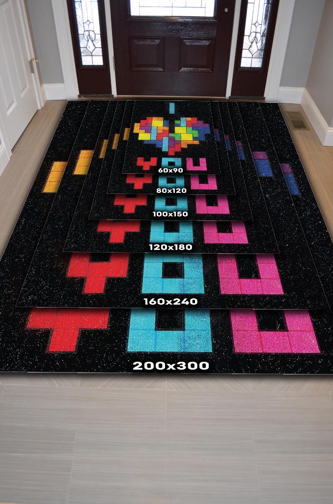 Seni Seviyorum Çok Renkli Oyuncu Halısı Zemini Siyah Renk Gamer Temalı Halı Tetris Halısı