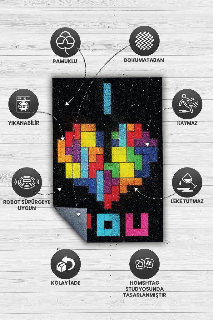 Seni Seviyorum Çok Renkli Oyuncu Halısı Zemini Siyah Renk Gamer Temalı Halı Tetris Halısı