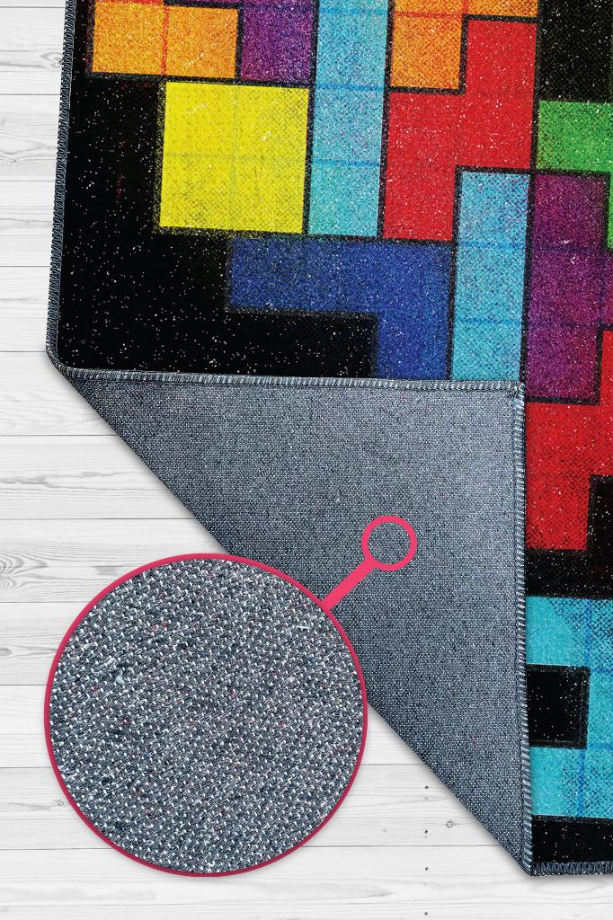 Seni Seviyorum Çok Renkli Oyuncu Halısı Zemini Siyah Renk Gamer Temalı Halı Tetris Halısı