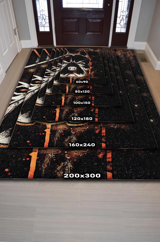 Sert Köpek Turuncu Siyah Renkli Köpek Figürlü Halı Modern Koyu Renk Oturma Odası Halısı