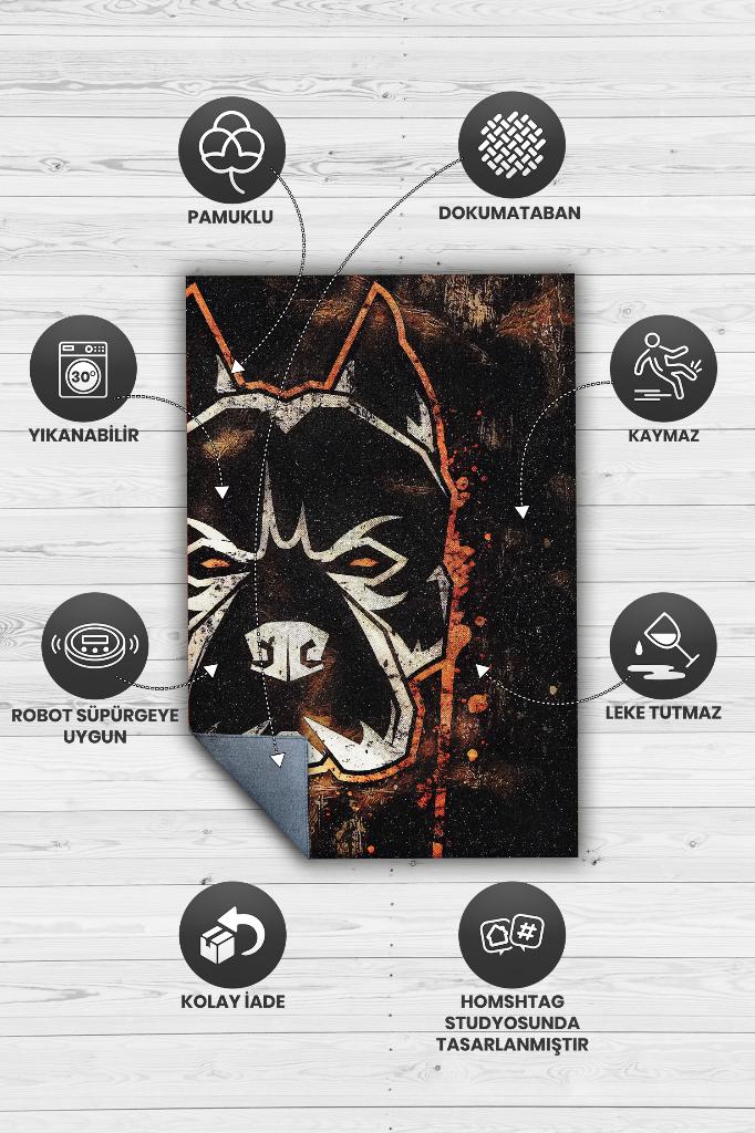 Sert Köpek Turuncu Siyah Renkli Köpek Figürlü Halı Modern Koyu Renk Oturma Odası Halısı