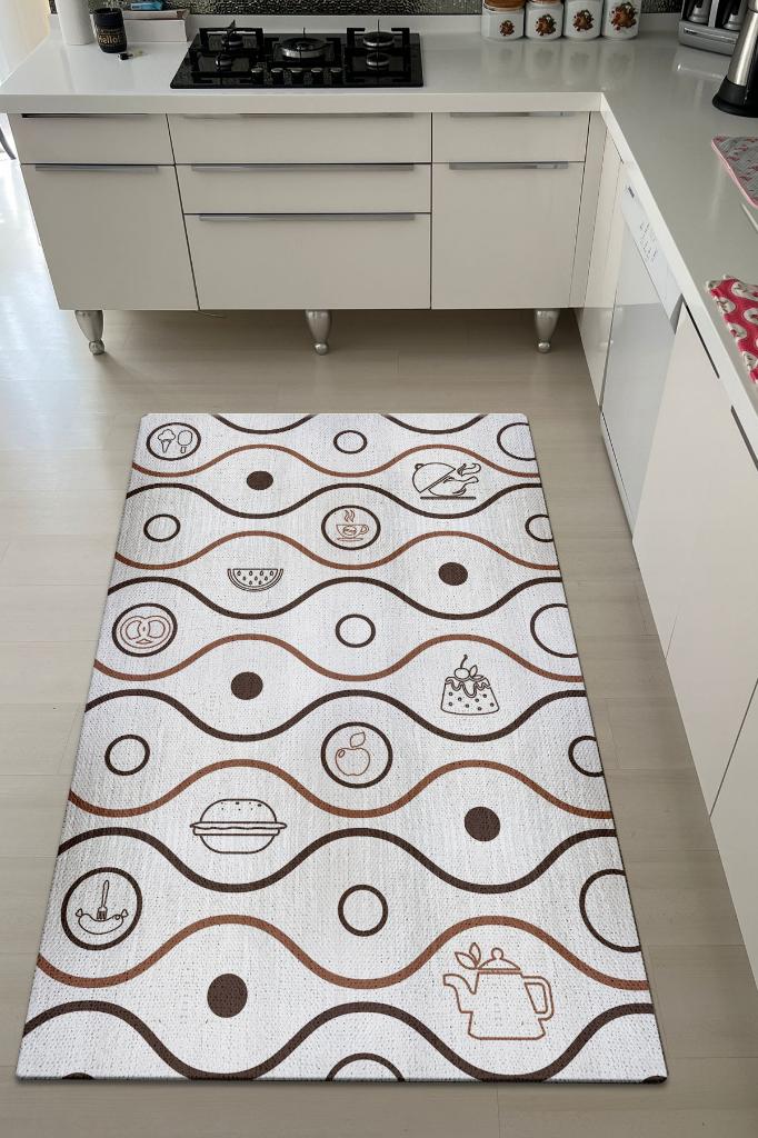Sevdiğim Tatlar Beyaz Renkli Mutfak Halısı Mutfak Temalı Minimal Geometrik Mutfak Halısı