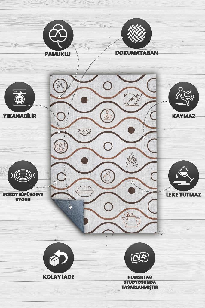 Sevdiğim Tatlar Beyaz Renkli Mutfak Halısı Mutfak Temalı Minimal Geometrik Mutfak Halısı