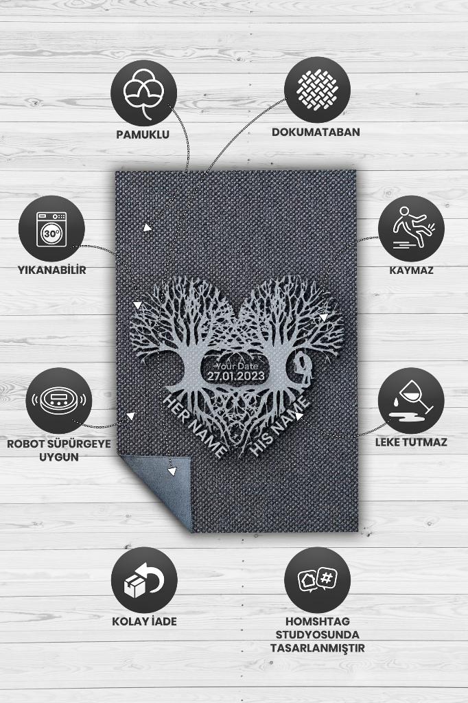 Sevginin Kökleri Kişiye Özel Kişiselleştirilebilir Halı Gri Hediyelik Sevgiliye Özel Halı