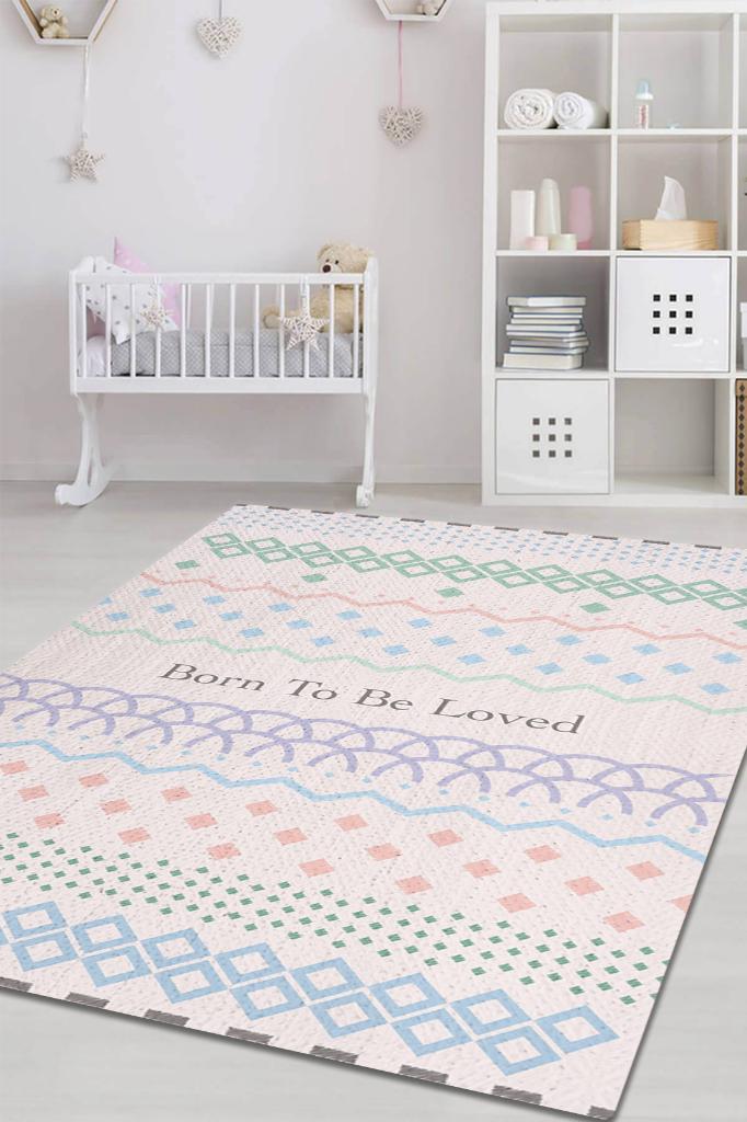 Sevilmek İçin Doğdu Açık Renkli Çocuk Odası Halısı Minimal Çocuk Halıs Geometrik Halı