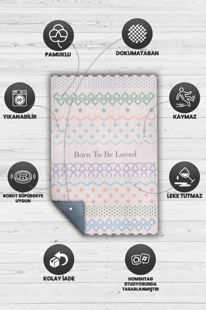 Sevilmek İçin Doğdu Açık Renkli Çocuk Odası Halısı Minimal Çocuk Halıs Geometrik Halı