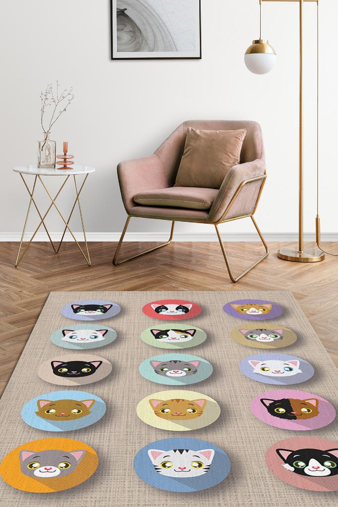 Sevimli Kediler Bej Renkli Halı Kedi Desenli Genç Odası Halısı Modern Salon Halısı