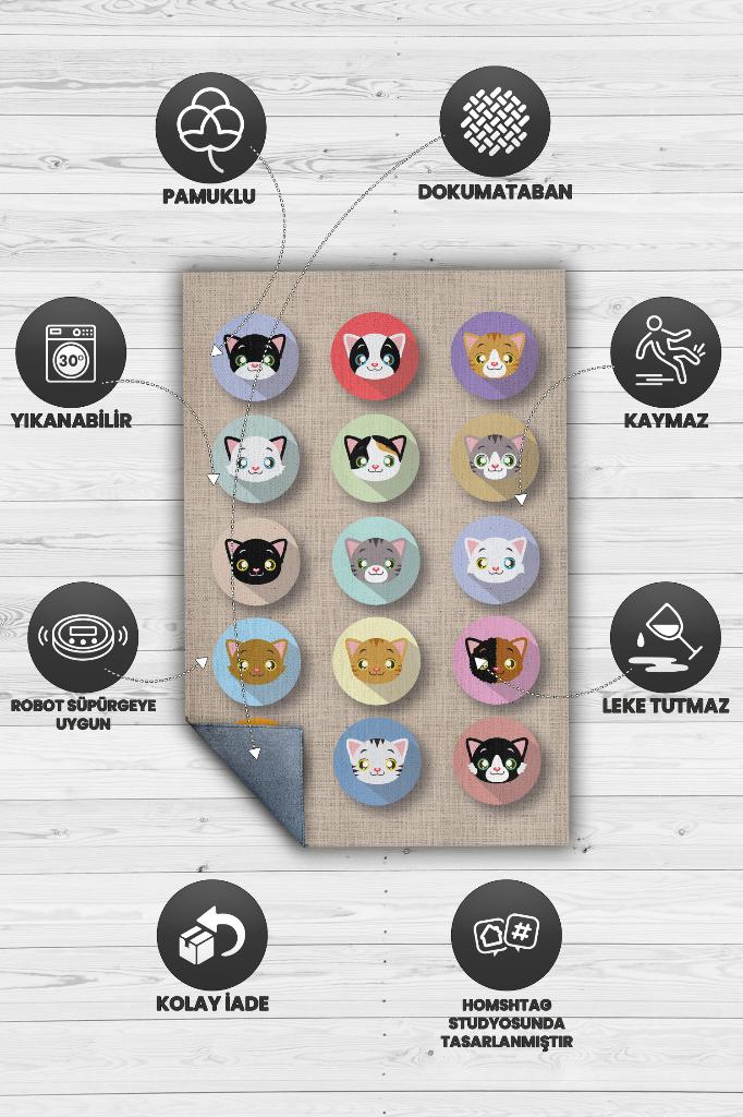 Sevimli Kediler Bej Renkli Halı Kedi Desenli Genç Odası Halısı Modern Salon Halısı