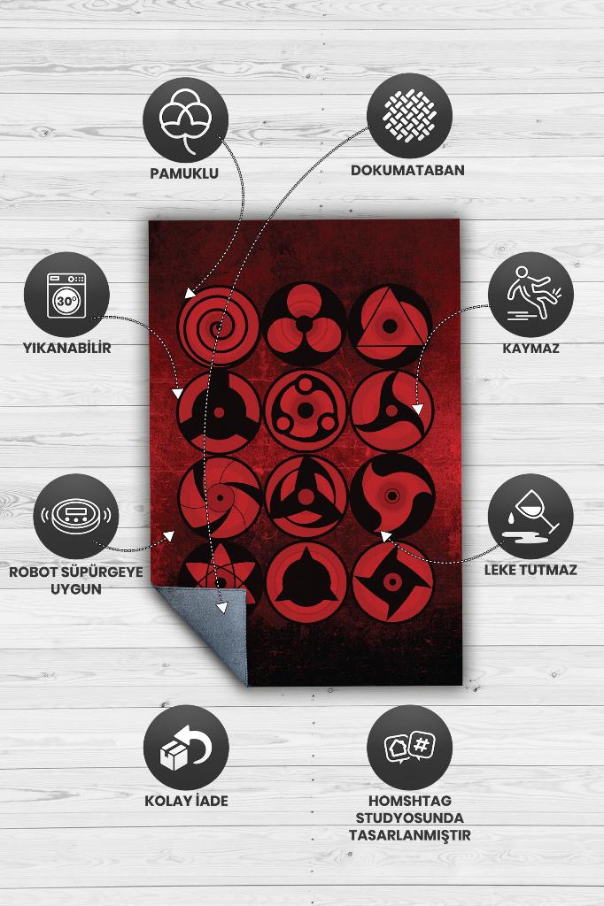 Sharingan Kırmızı Siyah Renkli Halı Modern Halı Desenli Anime Sever Halı Hediyelik Halı