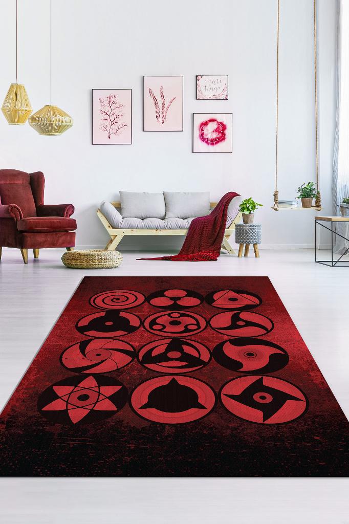 Sharingan Kırmızı Siyah Renkli Halı Modern Halı Desenli Anime Sever Halı Hediyelik Halı