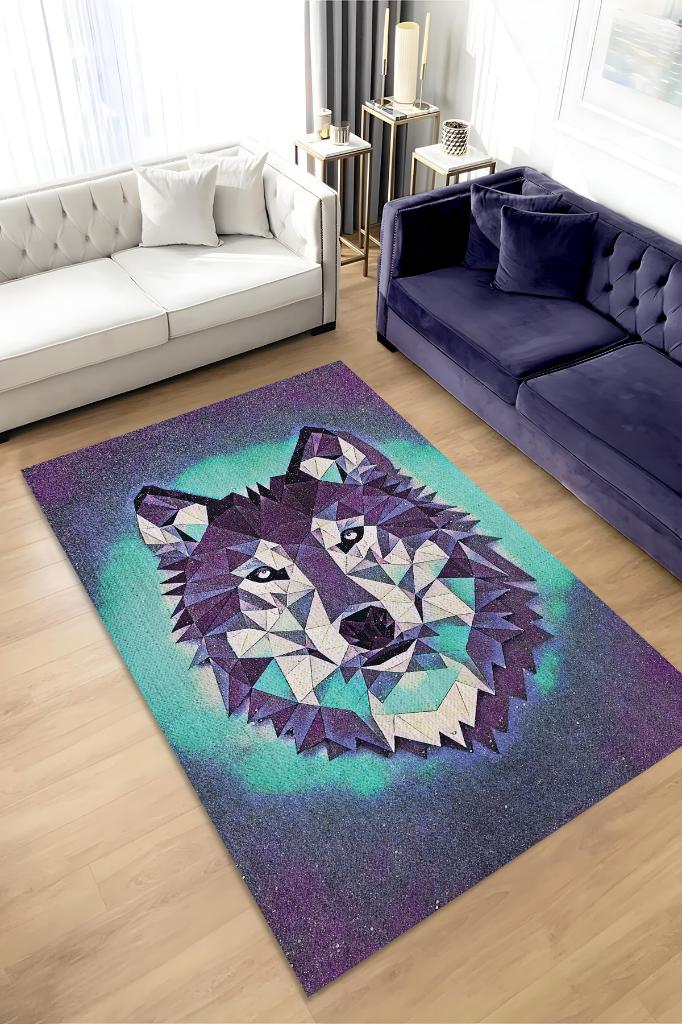 Sibirya Kurdu Renkli Salon Halısı Gölgeli Genç Odası Halısı Geometrik Köpek Sever Halısı