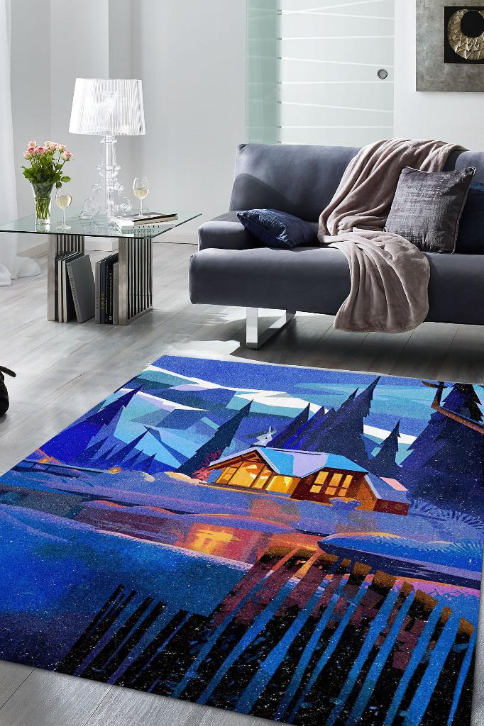 Sıcak Yuva Çok Renkli Halı Manzara Temalı Figürlü Salon Halısı Dijital Baskılı Tasarım Halı