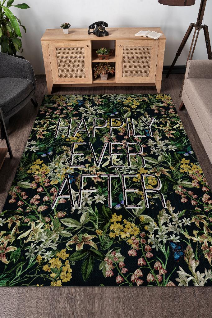 Sonsuza Dek Mutlu Çiçek Desenli Siyah Renkli Halı Art Çiçek Temalı Figürlü Salon Halısı