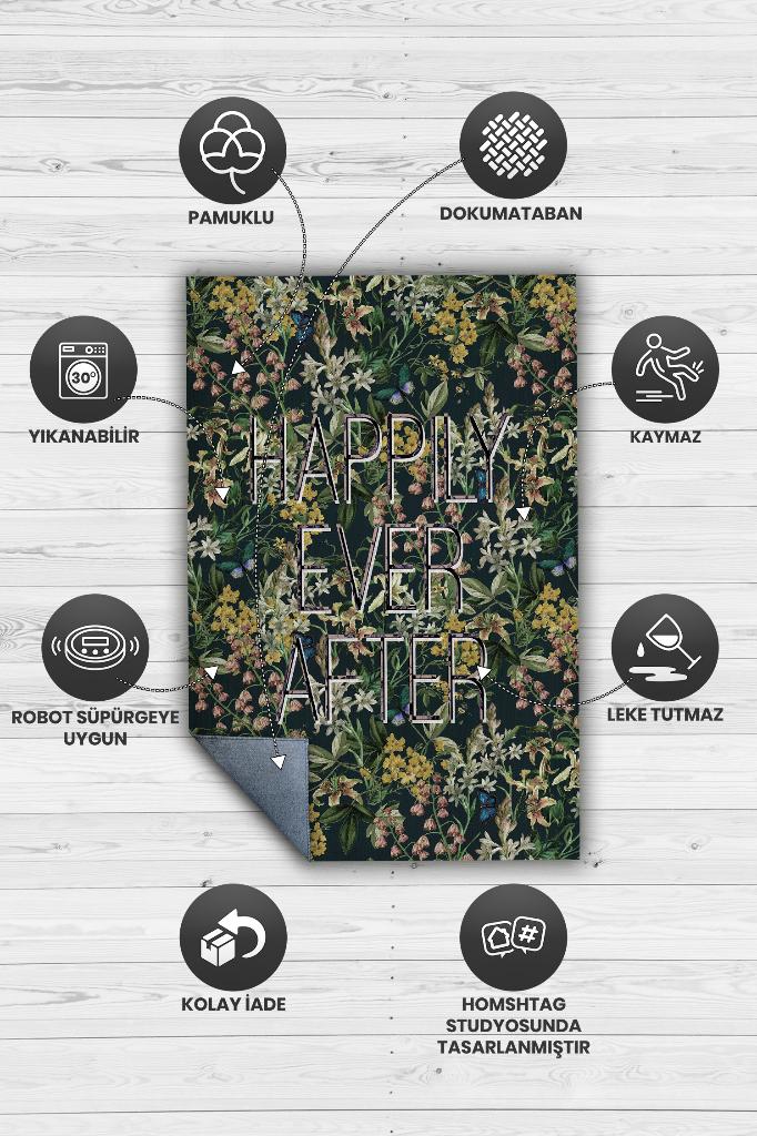 Sonsuza Dek Mutlu Çiçek Desenli Siyah Renkli Halı Art Çiçek Temalı Figürlü Salon Halısı