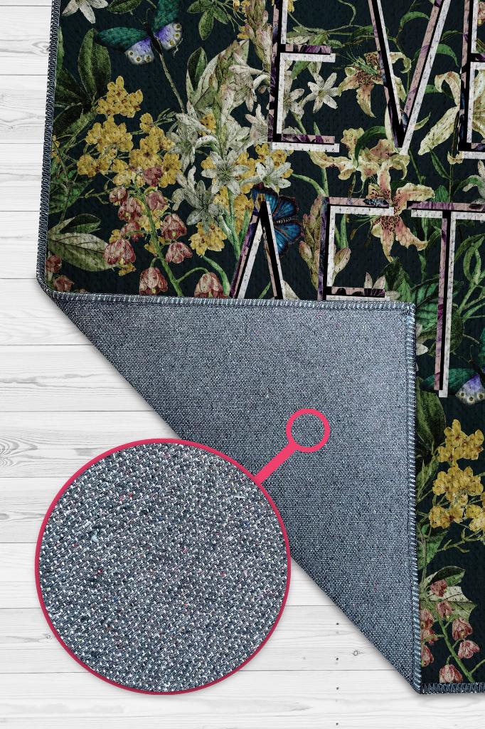 Sonsuza Dek Mutlu Çiçek Desenli Siyah Renkli Halı Art Çiçek Temalı Figürlü Salon Halısı