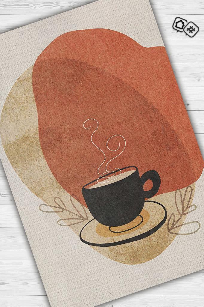 Soyut Bir Yudum Minimal Mutfak Halısı Kahve Figürlü Salon Halısı Bej Turuncu Soft Halı