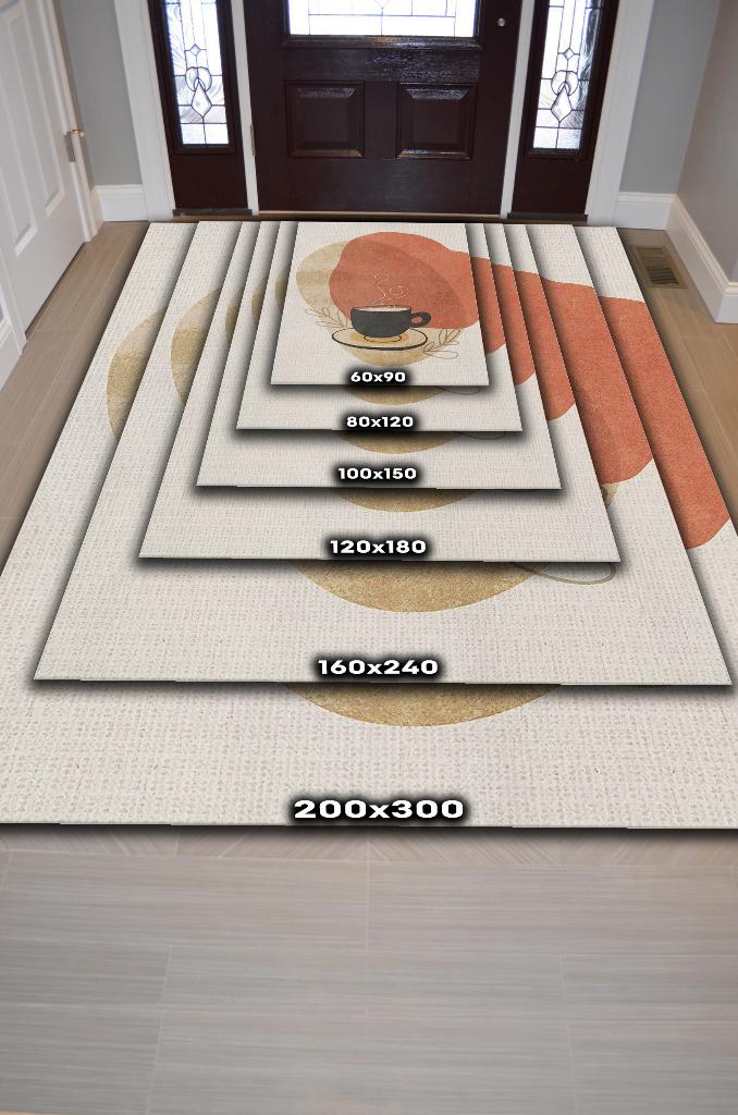 Soyut Bir Yudum Minimal Mutfak Halısı Kahve Figürlü Salon Halısı Bej Turuncu Soft Halı