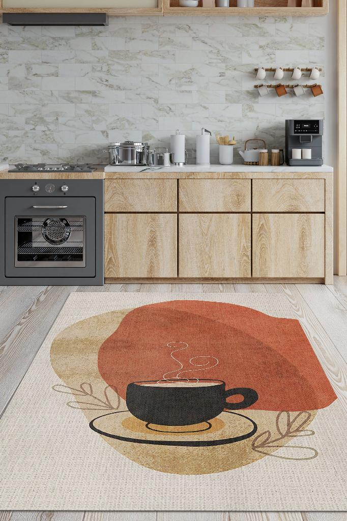 Soyut Bir Yudum Minimal Mutfak Halısı Kahve Figürlü Salon Halısı Bej Turuncu Soft Halı