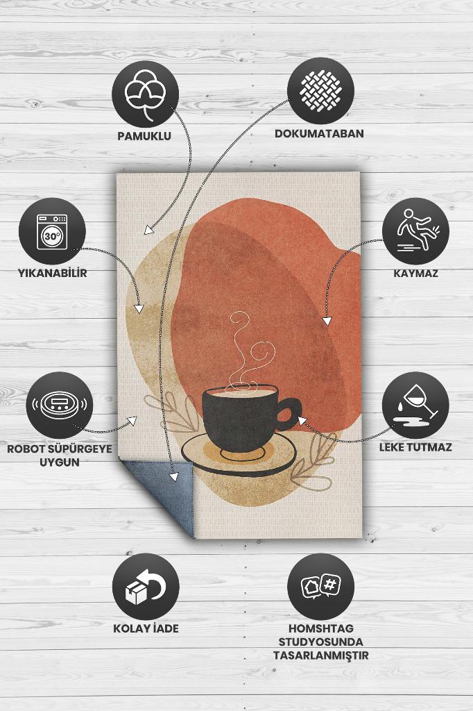 Soyut Bir Yudum Minimal Mutfak Halısı Kahve Figürlü Salon Halısı Bej Turuncu Soft Halı