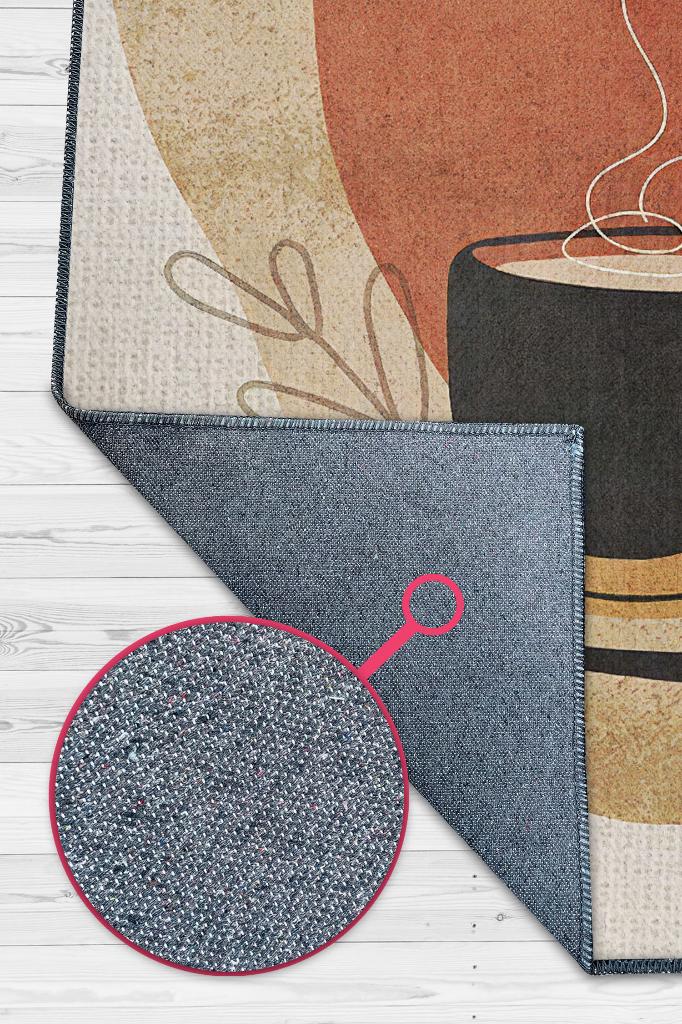 Soyut Bir Yudum Minimal Mutfak Halısı Kahve Figürlü Salon Halısı Bej Turuncu Soft Halı