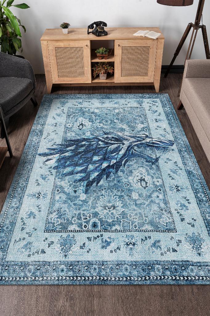 Stark Hanedanı Desenli Halı Game Of Thrones Film Halısı Mavi Renk Etnik Film Serisi Halı