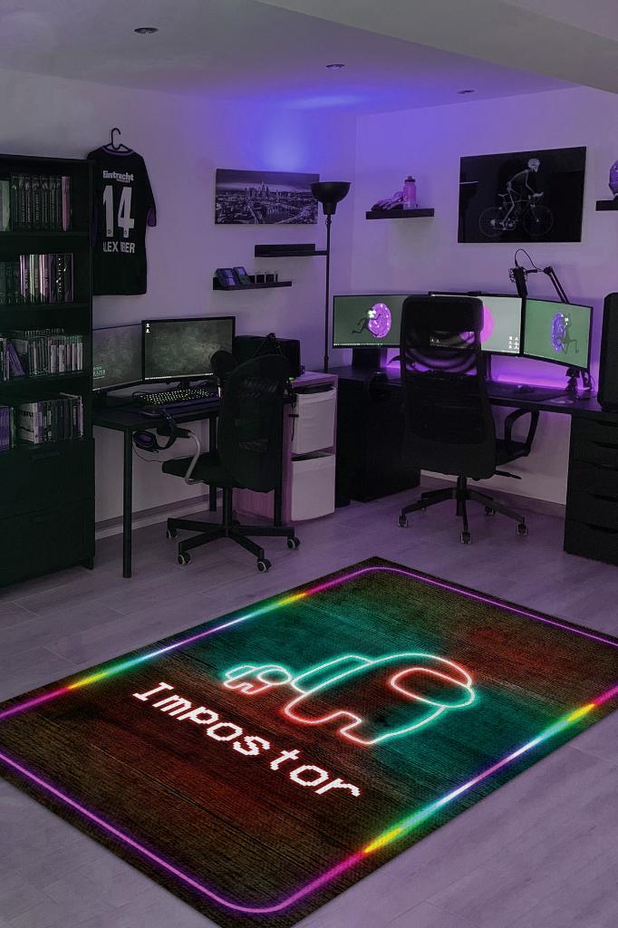 Suçlu Bulundu Renkli Oyuncu Halısı Zemin Kahverenkli Gamer Temalı Among Us Hediye Halı