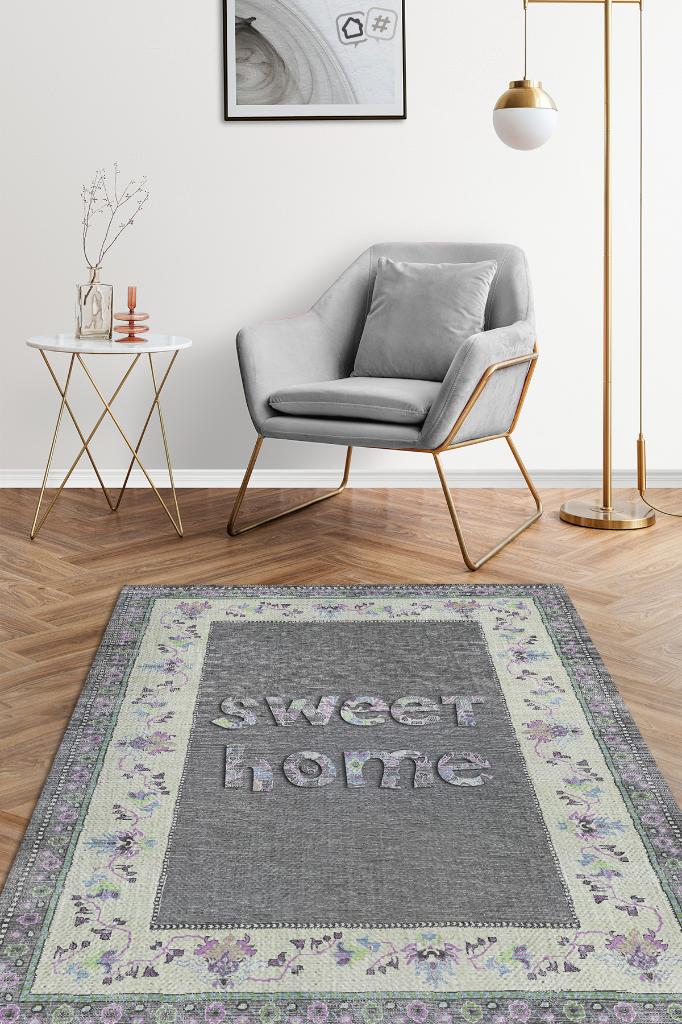 Tatlı Evim Yıkanabilir Gri Pembe Renkli Halı Etnik Desenli Salon Halısı Modern Halı