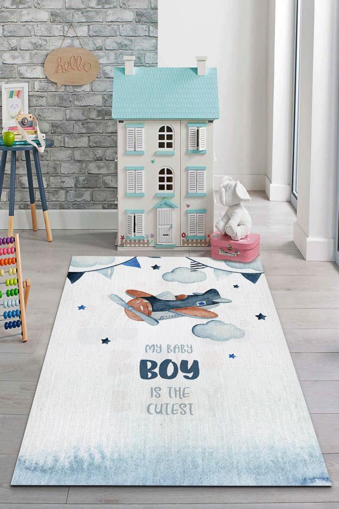 Tatlı Oğlum Beyaz Mavi Renk Çocuk Odası Halısı Dokuma Minimal Çocuk Halı Bebek Temalı Halı