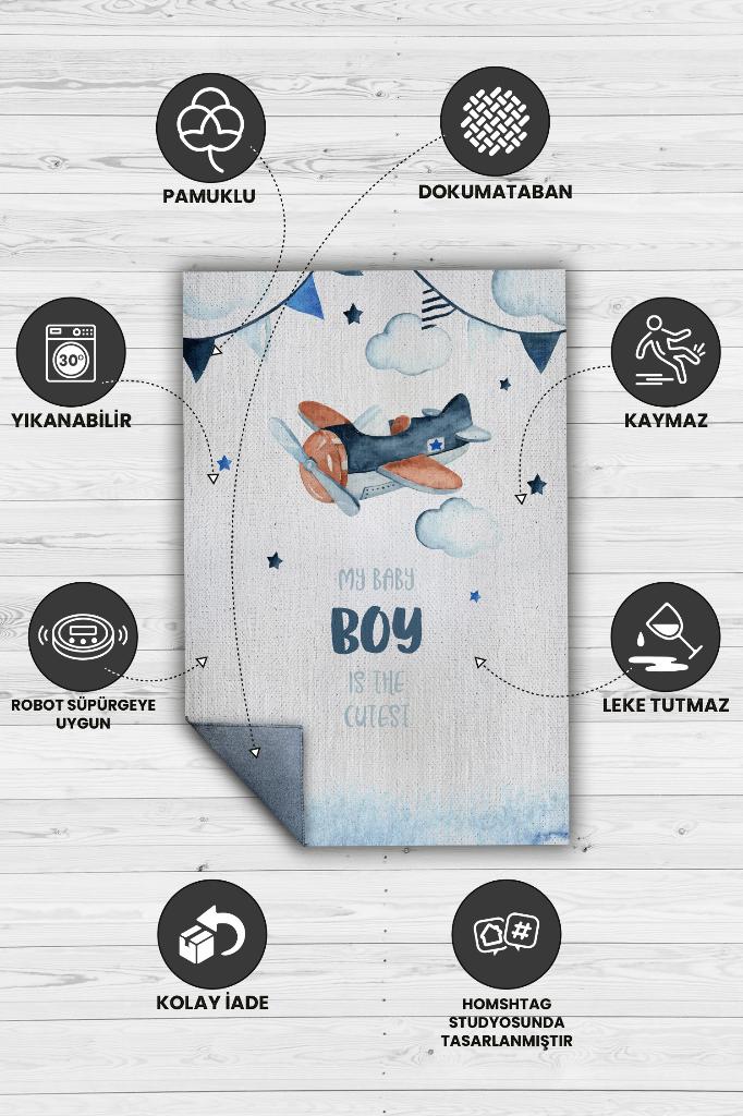 Tatlı Oğlum Beyaz Mavi Renk Çocuk Odası Halısı Dokuma Minimal Çocuk Halı Bebek Temalı Halı