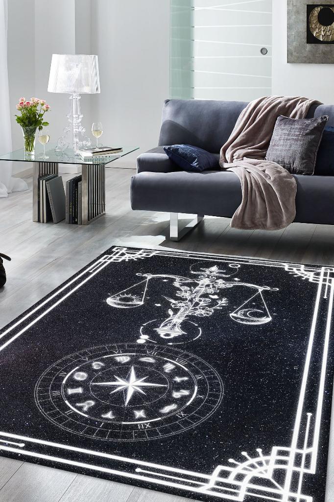 Terazi Burcu Astroloji Temalı Halı Burç Halısı Terazi BurcuHediyelik Halı Siyah Renk Halı
