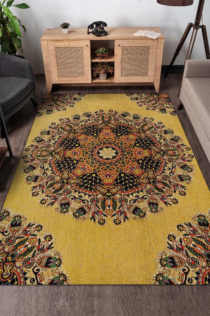 Tezhip Minimal Salon Halısı Etnik Desenli Halı Sarı Renkli Oturma Odası Halısı Çiçekli Halı