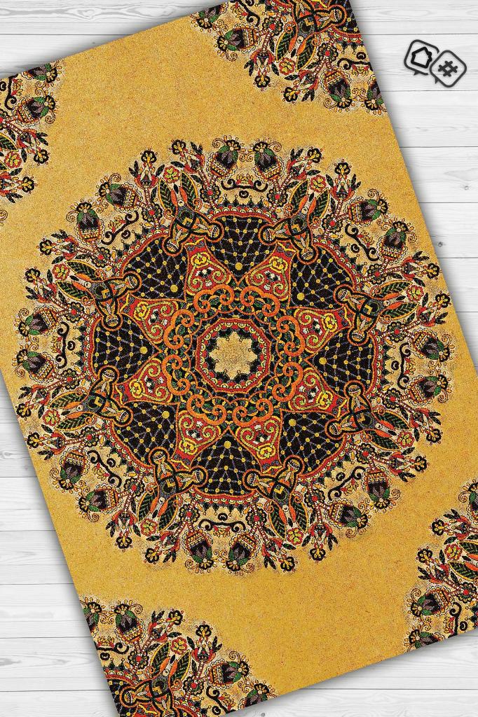 Tezhip Minimal Salon Halısı Etnik Desenli Halı Sarı Renkli Oturma Odası Halısı Çiçekli Halı