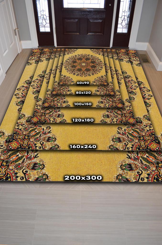 Tezhip Minimal Salon Halısı Etnik Desenli Halı Sarı Renkli Oturma Odası Halısı Çiçekli Halı
