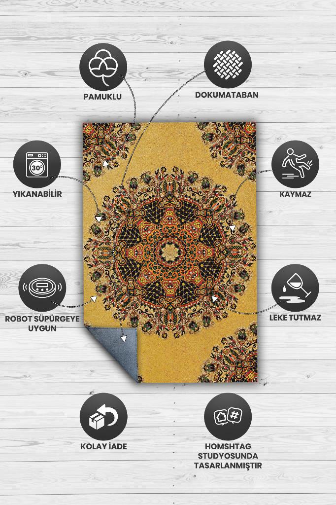 Tezhip Minimal Salon Halısı Etnik Desenli Halı Sarı Renkli Oturma Odası Halısı Çiçekli Halı
