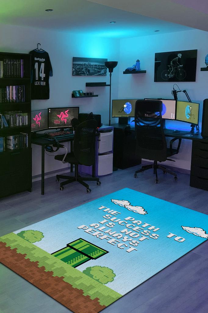 The Path Çok Renkli Oyuncu Halısı Mavi Renk Gamer Temalı Halı Super Mario Sever Hediye Halı