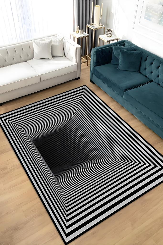 Tünel Dokuma Tabanlı Geometrik Halı Kareli Oturma Odası Halısı Siyah Beyaz Salon Halısı
